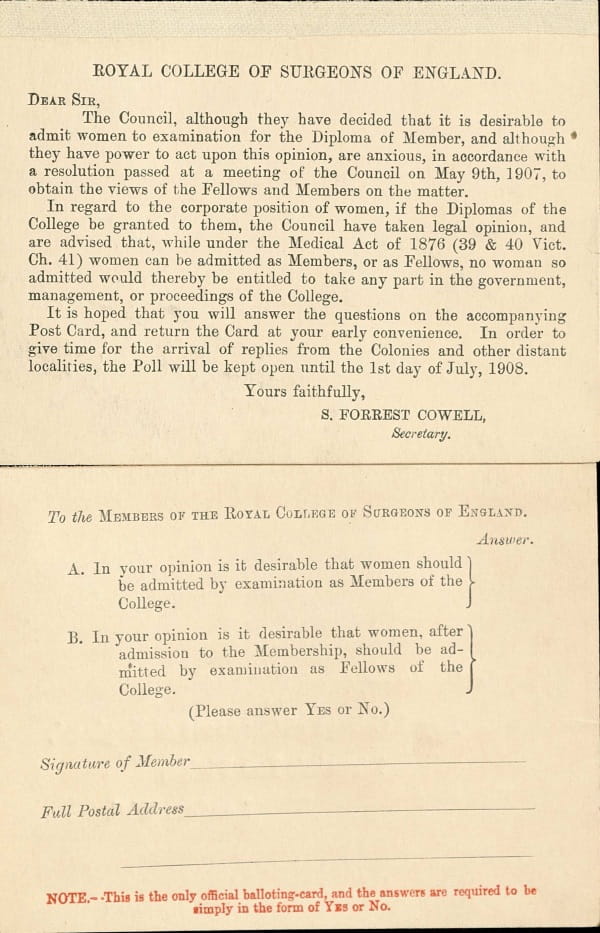 Printed voting card asking for the voter's opinion regarding the admission of women as Members and as Fellows of the College. The acceptable responses are 'Yes' or 'No', and the voter is asked to give their signature and postal address