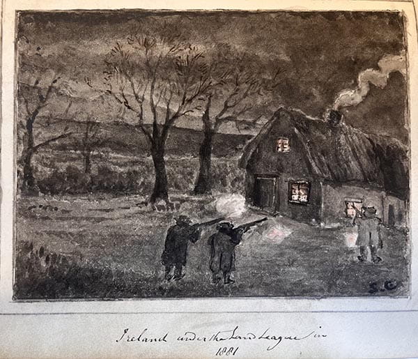 A drawing of a group of people shooting guns at a house