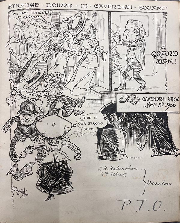 A drawing entitled 'Strange Doings in Cavendish Square':  A group of women shouting 'We have tongues to Asq-with' hammer on a door whilst two men on the other side hold it shut.  Two other women struggle with policemen.
