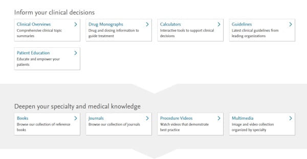 Shortcut links from the ClinicalKey homepage, including Clinical Overviews, Drug Monographs, Calculators, Guidelines, Patient Education, Books, Journals, Procedure Videos and Multimedia