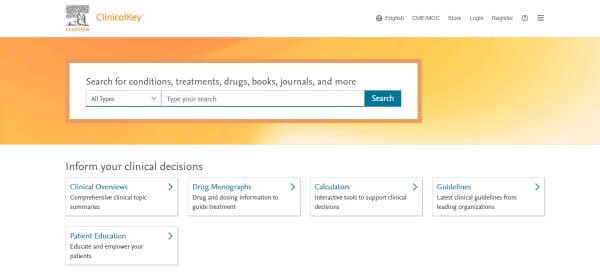 The homepage for ClinicalKey, showing the logo, main menu, searchbox and shortcuts to useful resources