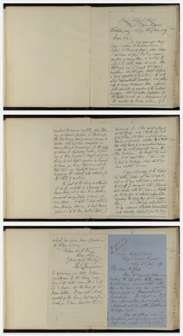Three double page spreads from the Diary, with hand-written letters pasted on to them.