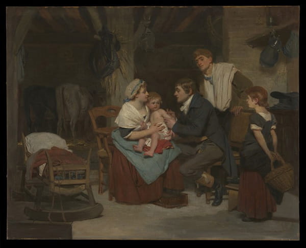 Colour painting of Jenner vaccinating a young boy in an 18th century room, while family members and a colleague watch.