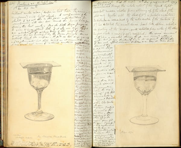 Two pages from a handwritten notebook, with drawings of experiments involving liquid in wine glasses.