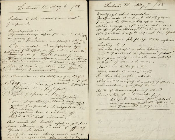 Two pages of a handwritten notebook, entitled 'Lectures II May 6 / 58' and 'Lectures III May 7 / 58'