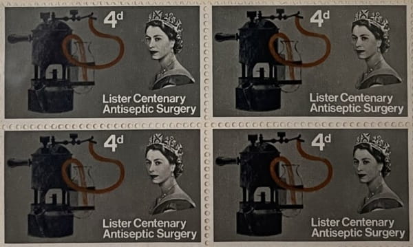 4 stamps marked '4d' and 'Lister Centenary Antiseptic Surgery', with an image of the steam device shown above.