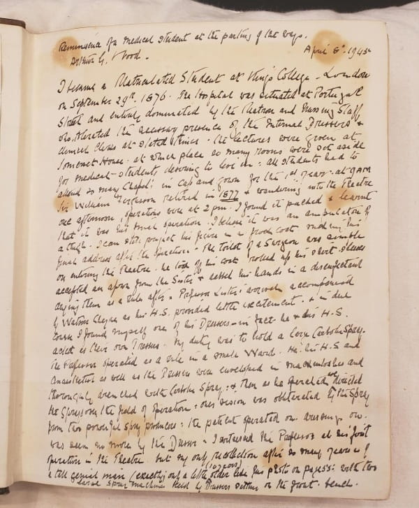 A handwritten page entitled "Reminisence of a medical student at the parting of the ways. Arthur G. Wood."