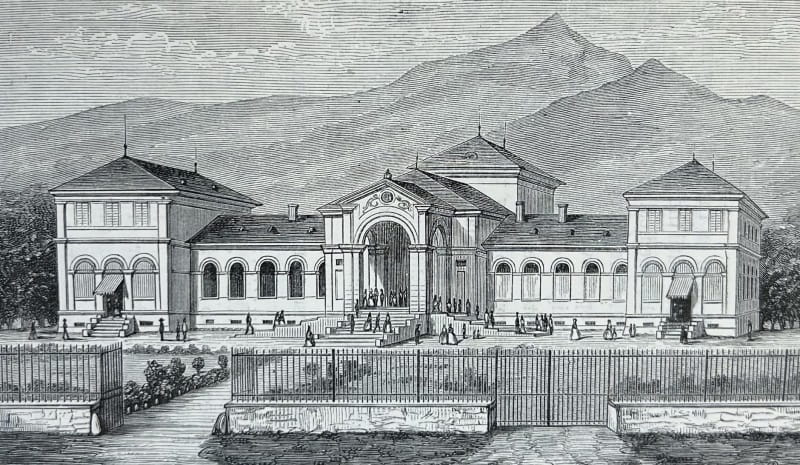 An engraving showing a building surrounded by lawns against a backdrop of mountains, with a number of people walking in its grounds