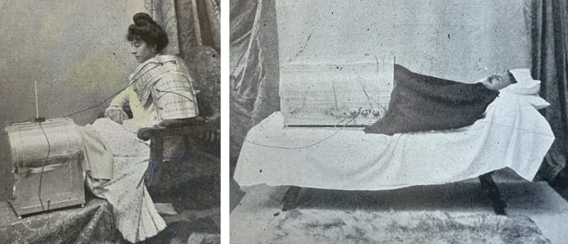 Two black and white photographs of patients with their limbs encased in metal devices. One is in a chair, with her shoulder and legs enclosed, the other is in a bed with his legs encased.