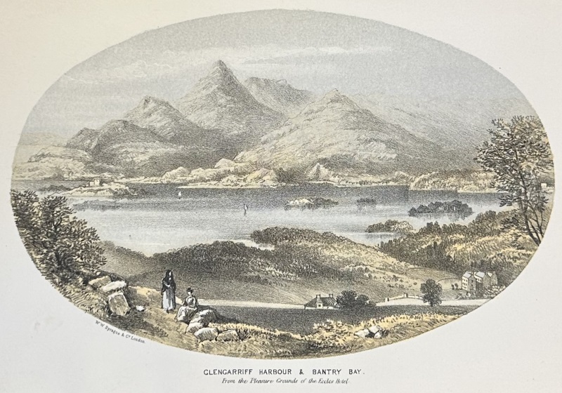 'Glengarriff Harbour & Bantry Bay. From the Pleasure Grounds of the Eccles Hotel.' A tinted engraving of a calm bay against a backdrop of mountains. Two women are shown in the foreground, with a small group of buildings behind them, in front of the bay.