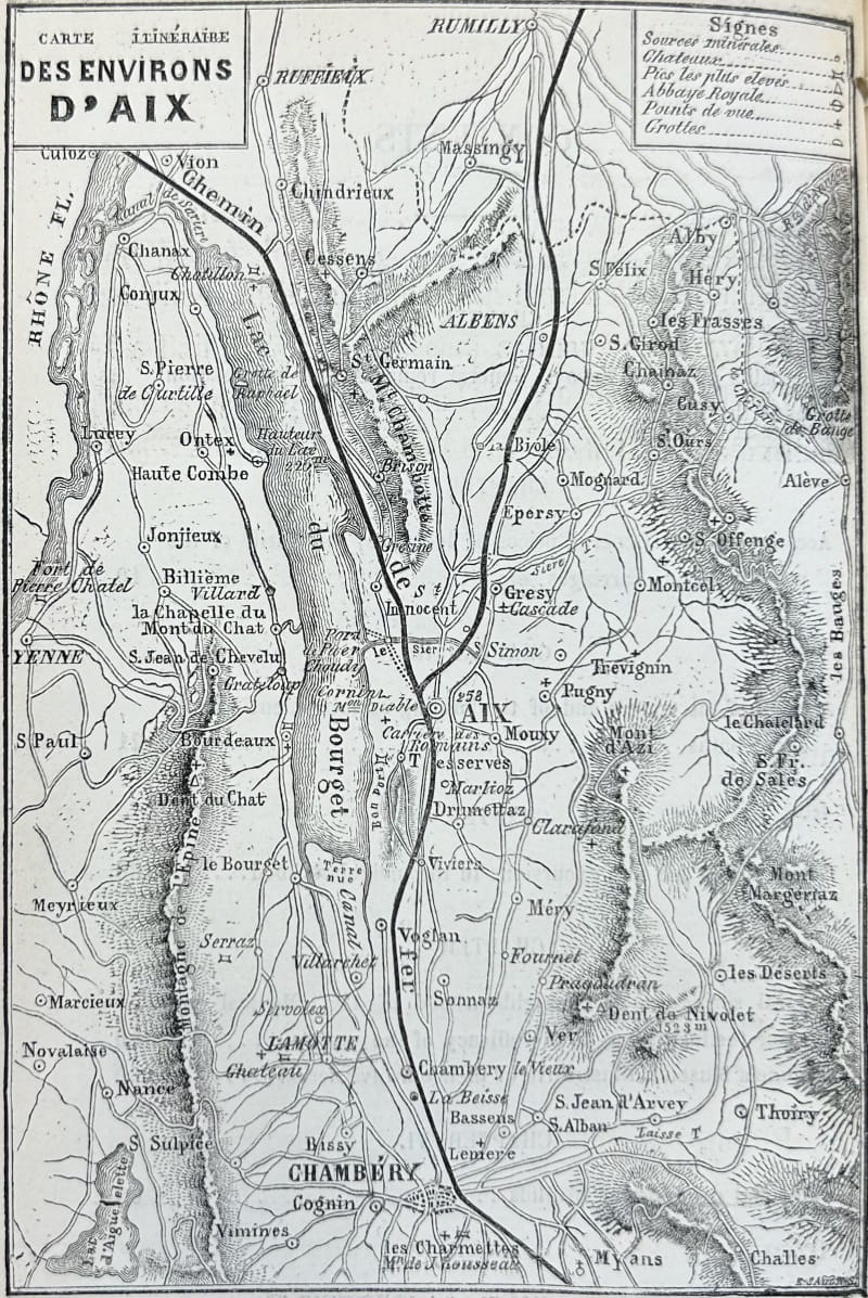 An engraving of a map titled 'Carte Itineraire Des Environs D'Aix'