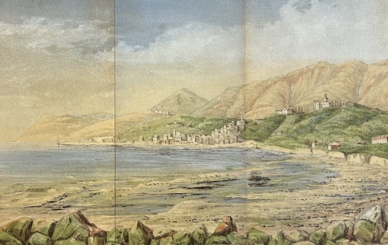 A tinted engraving of a small bay, with a group of buildings on the slope and top of a ridge on the far side. There are mountains in the background.