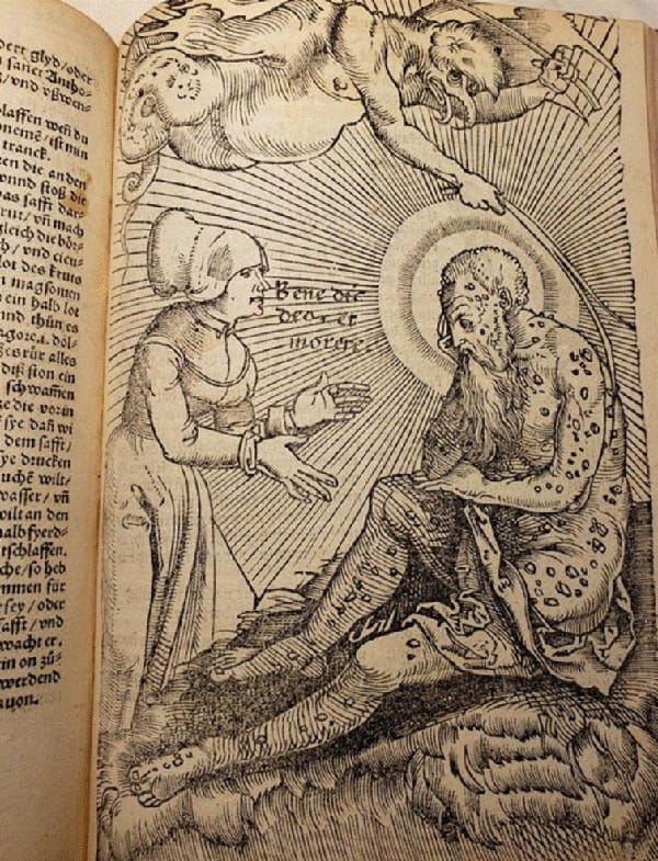 An engraving of a woman talking to a man covered in buboes, while a demonic figure hovers above.