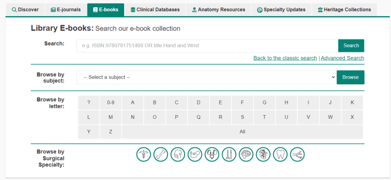 The e-books tab on Surgical Library