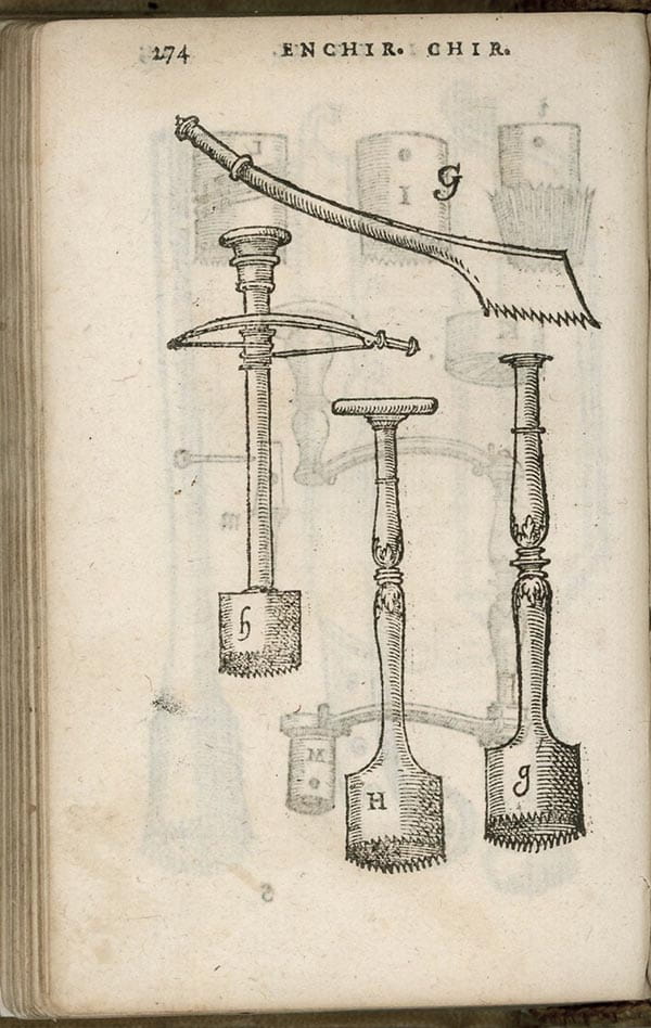 A diagram of three circular cutting tools, one with a bow to aid the drilling motion, and one more linear cutting tool.