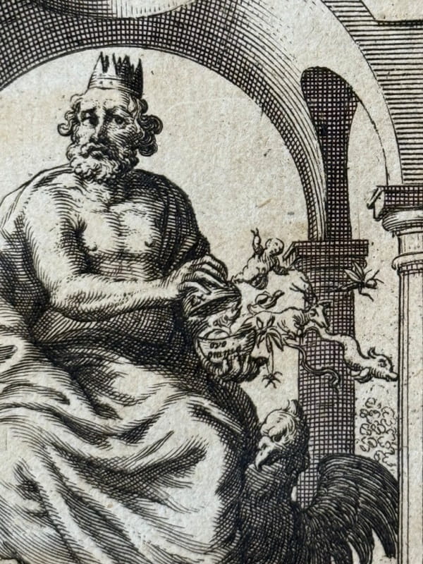 Engraving of a bearded man, seated beside a cockerel, holding an egg, cracked open to release various animals.