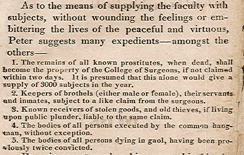 Printed text, beginning: As to the means of supplying the faculty with subjects, without wounding the feelings or embittering the lives of the peaceful and virtuous, Peter suggests many expedients-amongst the others-...