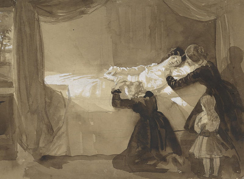 Sepia watercolour image of a dying woman in bed surrounded by grieving family